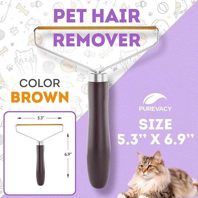 PUREVACY Pet Hair Remover for Furniture. Cat and Dog Fur Remover Tool. Reusable Lint Cleaner with Copper Teeth-Cutters and Wooden Handle. Metal Pet Hair Removal Tool for Carpet. Portable Couch Cleaner