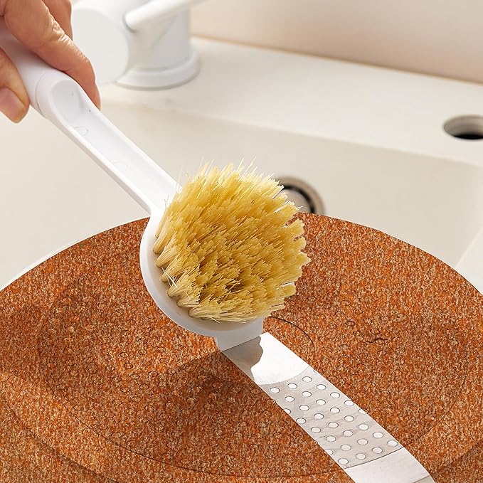 Kitchen Cleaning Brush(Natural Sisal Bristles),Pot Dish Brush Pots Comfortable Long Built-in Scraper Scrub Brush for Pans,Kitchen Sink Cleaning(White
