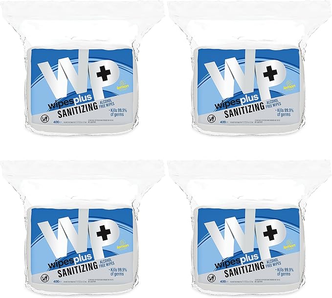 WIPESPLUS Hand Sanitizing Wipes Refill Bag Alcohol-Free Wipe for Restaurant and Retail, 1600 Count, (4 Packs of 400 Sheets)