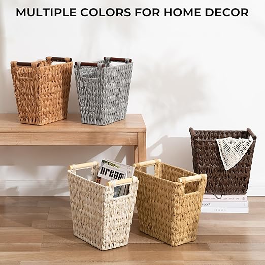GRANNY SAYS Bathroom Wastebasket, Caramel Orange Woven Trash Can with Handles, Waterproof Wicker Waste Basket for Office, 1-Pack, 13" x 7 ½" x 12 ½"