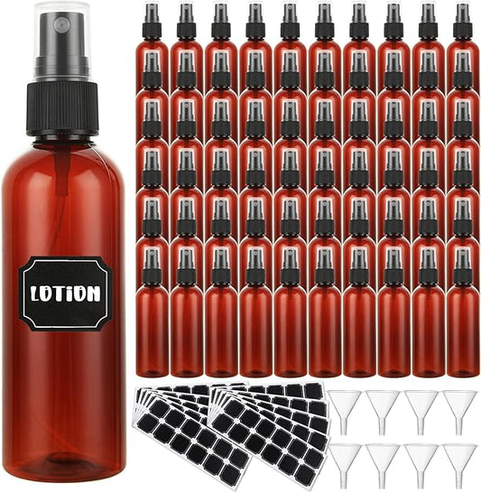 60Pcs 4oz Amber Plastic Spray Bottles, Small Empty Fine Mist Spray Bottle, Refillable Liquid Containers with Labels for Travel Perfume Essential Oil Skin Care Cleaning