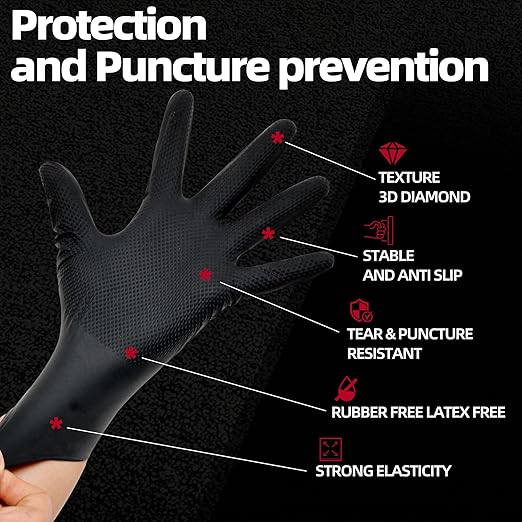 Jointown Basic Heavy Duty Nitrile Gloves, Mechanic Gloves 8 Mil Nitrile Disposable, with Raised Diamond Texture, Case of 100, Black, Medium