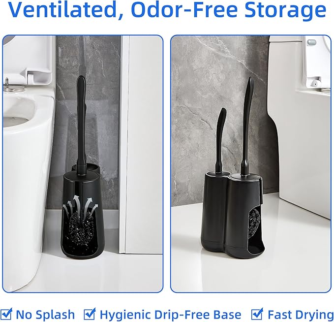 LZLOOK Toilet Brush and Holder Set with Pumice Stone – Long Handle Toilet Bowl Brush, Anti-Splash Scrubber, Ventilated Drip-Free Base, Deep Cleaner for Hard Water Stains, Limescale, Toilet Rings