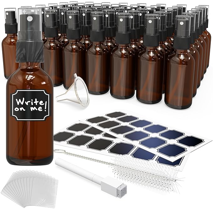 Nevlers 2 Oz Amber Glass Spray Bottles 48 Pack | Empty Spray Bottles Small Set w/Shrink Wrap, Funnel, Brush & Labels| Amber Glass Bottle Sprayer For Use as Travel Cologne Sprayer & Perfume Bottle
