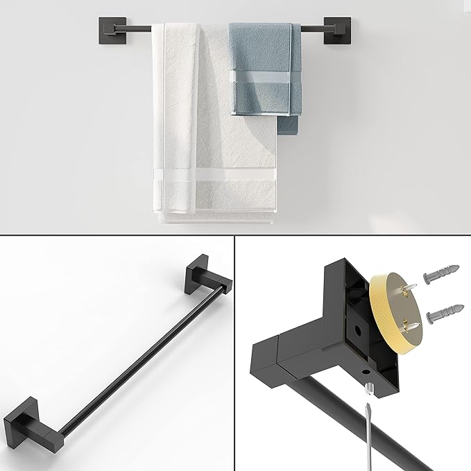 Ruacq 4 Pieces Bathroom Hardware Set Matte Black Square Stainless Steel and Zinc Alloy Modern Wall Mounted,18-Inch Towel Bar,Toilet Paper Holder,Towel Ring,Robe Hook,Bathroom Accessories Kit