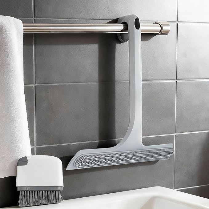 Mesiiloly 10.7“ Wide All-Purpose Shower Squeegee for Glass Doors, Squeegee for Shower Glass with Hook, Window Squeegee with Double-Ended Gap Brush Set for Shower, Bathroom, Car Glass, Mirror (Gray)