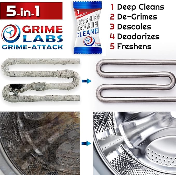 GRIME LABS Washing Machine & Dishwasher Cleaner Tablets Bundle – 12-Month Supply | Deep Cleaning & Deodorizing Tablets for Dishwashers & Washing Machines | 48-Tablet Set – Value Pack