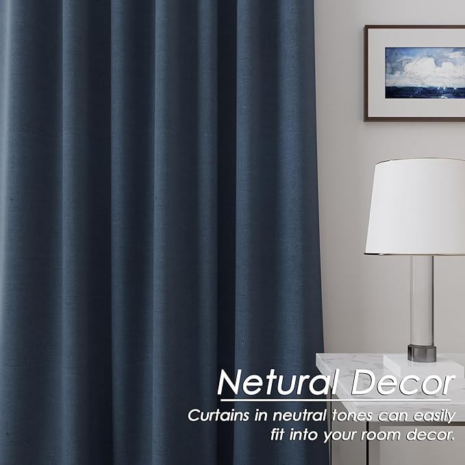 Full Black Out Vintage Blue Window Curtains Panels 102 Inches Long 2 Panels Set for Living Room Cotton Textured Long Blackout Curtain with Backing Thermal Insulated Drapes for Nursery Bedroom 52x102