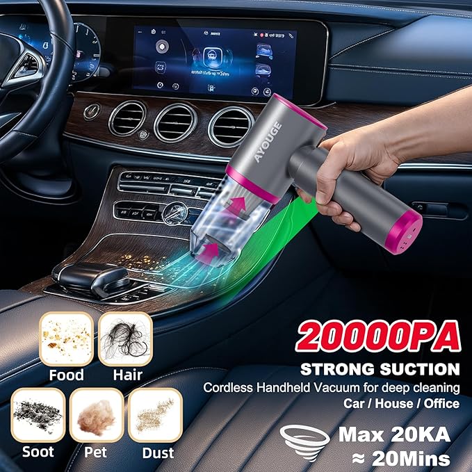 Car Vacuum Portable Cordless, 20000PA High Power Vacuum Cleaner, Brushless Motor, 3-Speed Modes, 4 in 1 Compressed Air Duster, Air Blower, Pump Handheld Vacuum with LED for Car, Home, Office, Camping