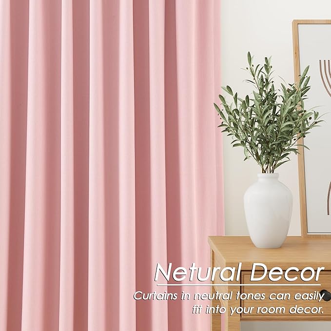 Blackout Pink Linen Curtains 96 Inches Long Back Tab Heat Reflective Full Light Block Out Curtain 2 Panels for Bedroom Window Textured Long Draperies with Liner Floor to Ceiling Length 52x96