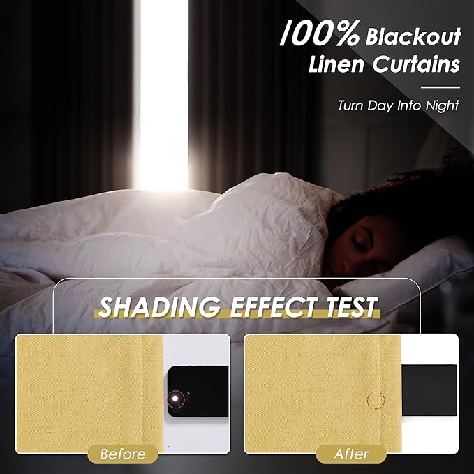 Nanspring Gold Yellow Linen Blackout Curtains 108 Inches Long Loop Pocket Rod Pocket Cooling Noise Reducing 100% Blackout 2 Panels Set for Bedroom Neutral Rustic Curtains Drapes 52x108