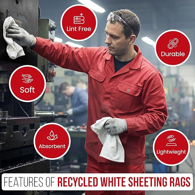 SupremePlus Recycled White Sheeting Cleaning Rags (50 lbs. Box) – Lint Free White Cotton Cloths for Manufacturing | Automotive | Janitorial | Shop Rags Bulk - Multipurpose
