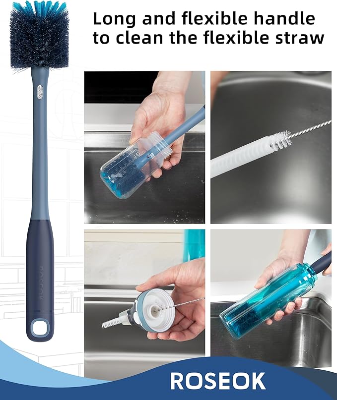 2in1 Bottle Scrubbing Brush with Straw Brush has Long and Comfortable Handle, Cleaning Glass, Sports Bottle, Coffee Mug,1 Pack, Grayish Blue