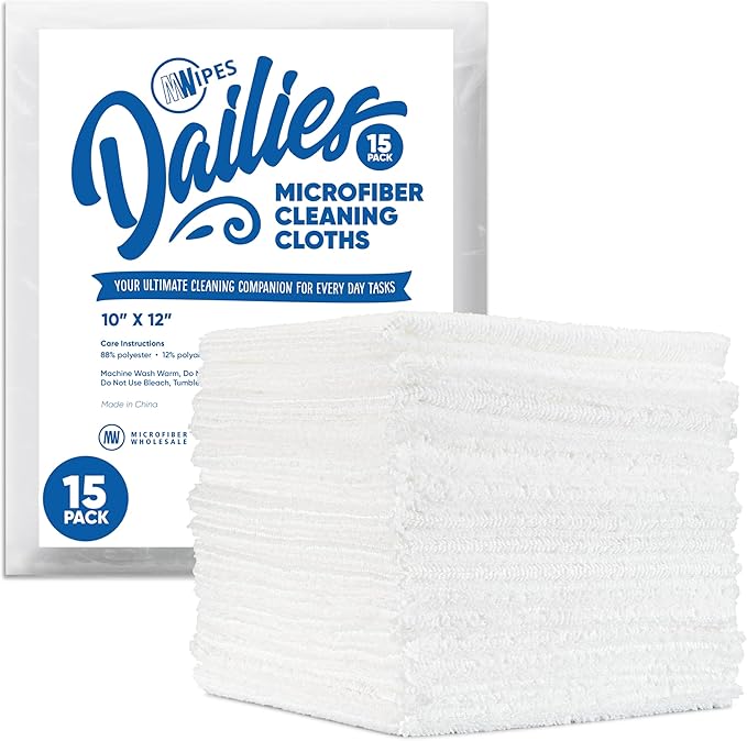 Dailies Microfiber Cleaning Cloths | 15-Pack (White) 12"x10" | Fits TowelNest Dispenser | Reusable, Absorbent, Washable | Eco-Friendly Paper Towel Alternative