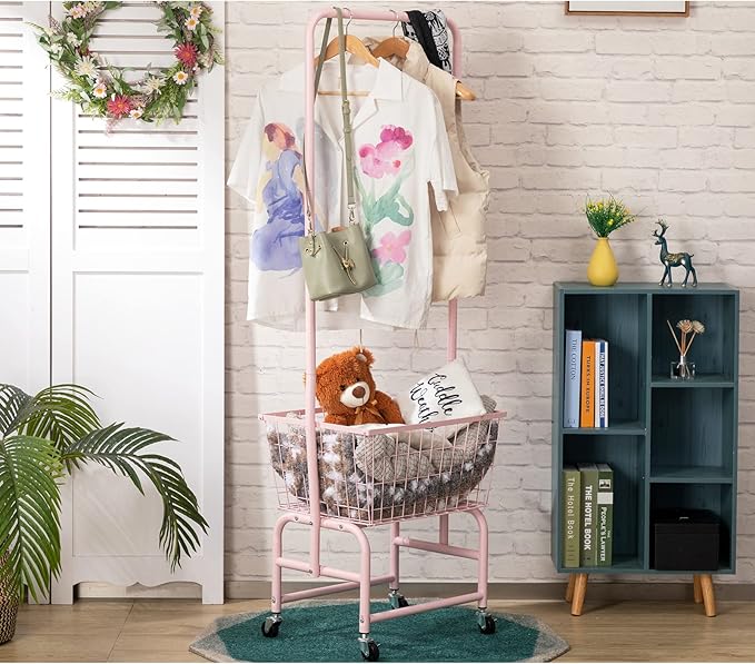 ALIMORDEN Laundry Cart with Clothes Rack, Rolling Laundry Butler with Wire Storage Rack，Pink