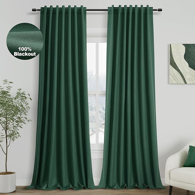 100% Blackout Linen Curtains 102 Inches Long 2 Panels Set for Bedroom Green Back Tab Black Out Curtain Modern Urban Noise Cancelling Total Light Blocking Window Curtains 102 Length 52X102 Inches