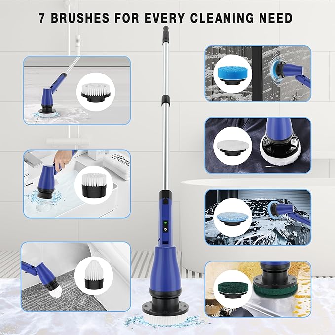 Electric Spin Scrubber Cordless Bathroom Scrubber with Adjustable Long Handle, 2 Speeds Power Cleaning Brush with 7 Replaceable Brush Heads for Bathtub, Tile, Floor (Blue)