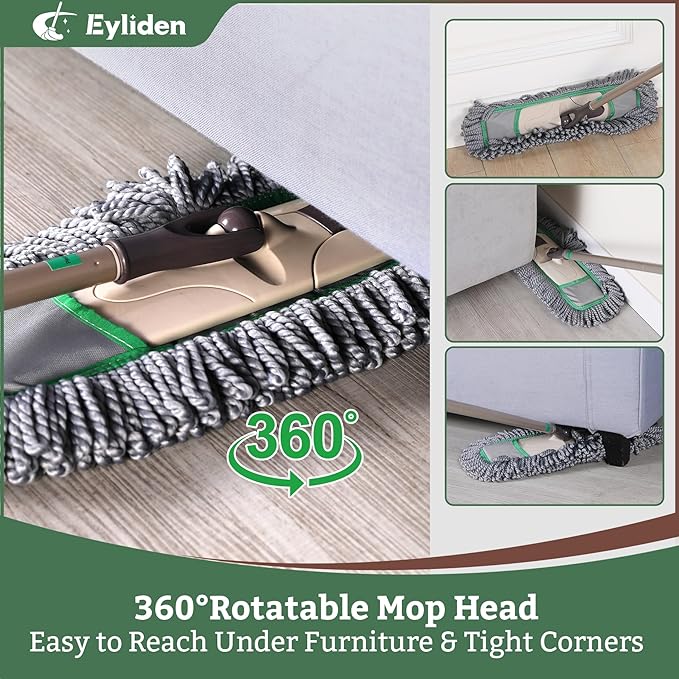 Eyliden Pro Dust Mops for Floor Cleaning - Total 3 Washable Microfiber Pads, One-Click Replacement, Telescopic Handle, Professional Design for Floors & Pet Hair (Grey+Green)