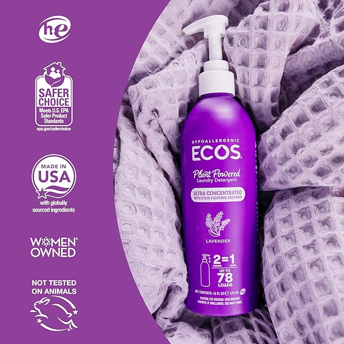 ECOS Ultra Concentrated Liquid Laundry Detergent, Sustainable Aluminum Bottle, Up to 78 Washer Loads - Hypoallergenic Laundry Soap - High Efficiency & Standard Machine Washing - Lavender, 16 Fl Oz