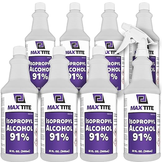 MaxTite 91% Isopropyl Alcohol (2 Gallons (8 Pack, 32 fl oz) - Includes Heavy-Duty Spray Nozzle - Made in USA
