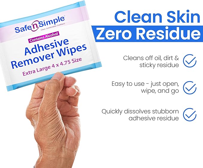 Safe n’ Simple Adhesive Remover for Skin - 50 Individually Wrapped Large 4"x4.75" Alcohol Adhesive Remover Wipes - Medical Isopropyl Alcohol Pads - Gentle Adhesive Removal Wipes for Bandages & Ostomy