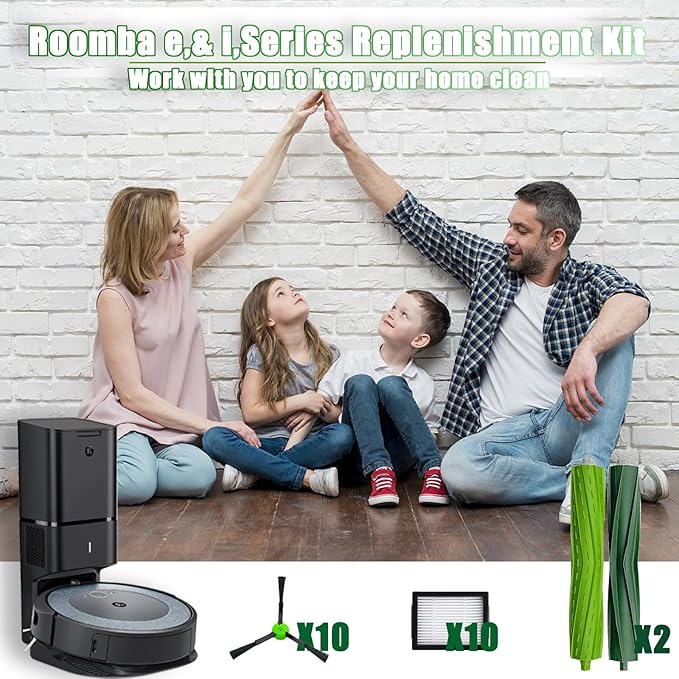 Replacement Parts for iRobot Roomba i3 i3+ i4 i4+ i5 i5+ i7 i7+ i8 i8+ j5 j5+ j7 E5 E6 E7 e, i, and j Series Robot Vacuums Replenishment Kit 2 Set Rubber Brushes,10 Vacuum Filters,10 Side Brushes
