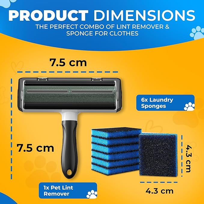 Pet Hair Remover for Laundry – 6 Reusable Fur Catching Sponges & Lint Roller Brush – Dog & Cat Hair Remover for Washer & Dryer – Multi-Purpose Laundry Set for Clothes & Bedding