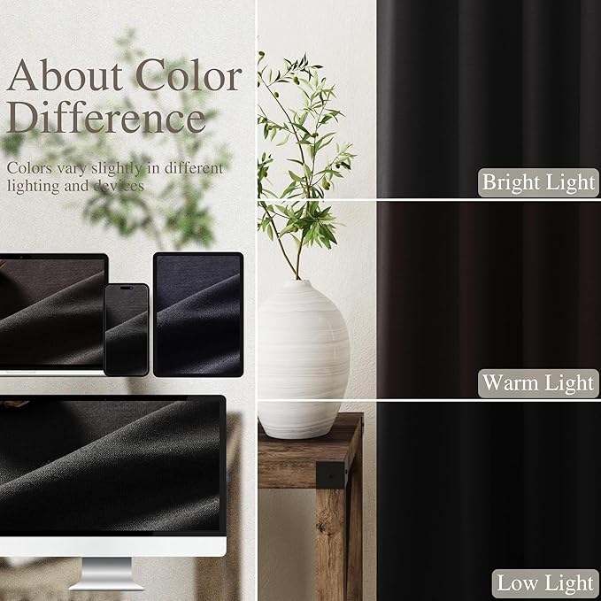 Black Linen Blackout Curtains 120 Inch Length 2 Panels Set Burg Extra Long 10 Ft Back Tab Pocket Drapes Cotton Textured Thermal Insulated Total Blocking Curtains for Dining Room Cottage High Window