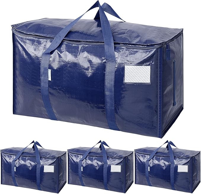 TICONN 4 Pack Extra Large Moving Bags with Zippers & Carrying Handles, Heavy-Duty Storage Tote Moving Boxes for Space Saving (4 Pack, Navy)
