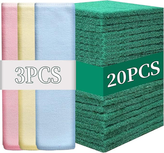GUEICN Heavy Duty Scour Pads Sponge Dish Scrubber Non-Scratch Green Reusable Household Scrub Pads for Kitchen and Dish Cleaning Tool (20Pcs Sponge+3Pcs Clean Towel)