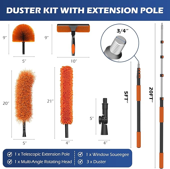 TONYINGO 26FT High Reach Duster Kits with 5-20FT Extension Pole, Cobweb Duster with Telescoping Pole, Washable Ceiling Fan Cleaner & Window Squeegee for Glass Surfaces & High Roof