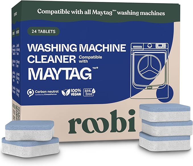 Roobi Washing Machine Cleaner Tablets compatible with Maytag. Deep Clean Formula Eliminates Odor, Residue & Build-Up. Carbon-Neutral & Septic-Safe 24-Pack Cleaning Tablets.