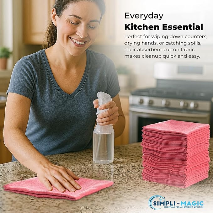 SIMPLI-MAGIC Cotton Shop Towels 14"x12" (100 Pack) – Reusable Cleaning Shop Rags for Automobiles, Industries, Garage and Homes (Red)