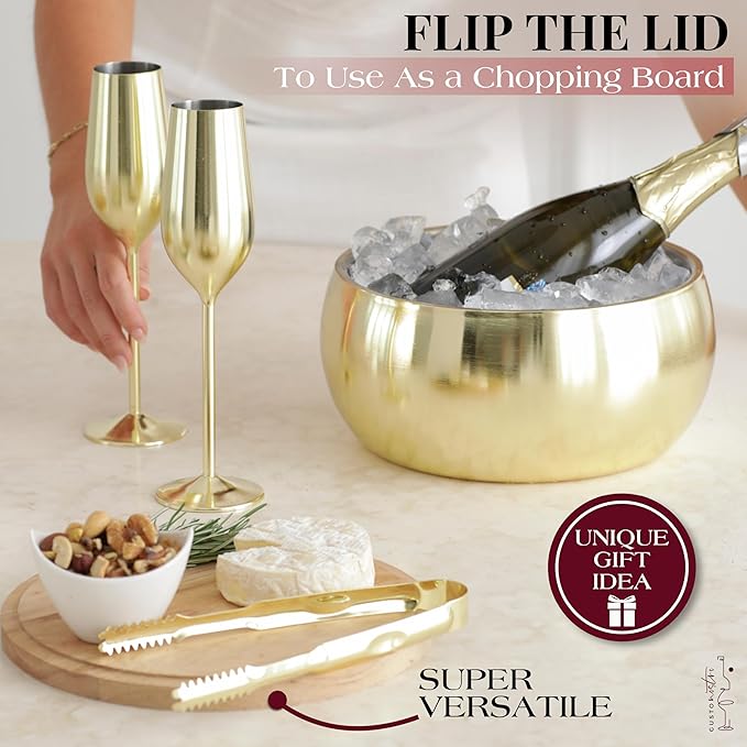 Gusto Nostro 4.1L Insulated Ice Bucket with Lid and Tongs, Double Wall Stainless Steel Ice Bucket Large, BPA Free Ice Bucket for Cocktail Bar, Keeps Champagne, Wine, Beer Chill for Parties (Gold)