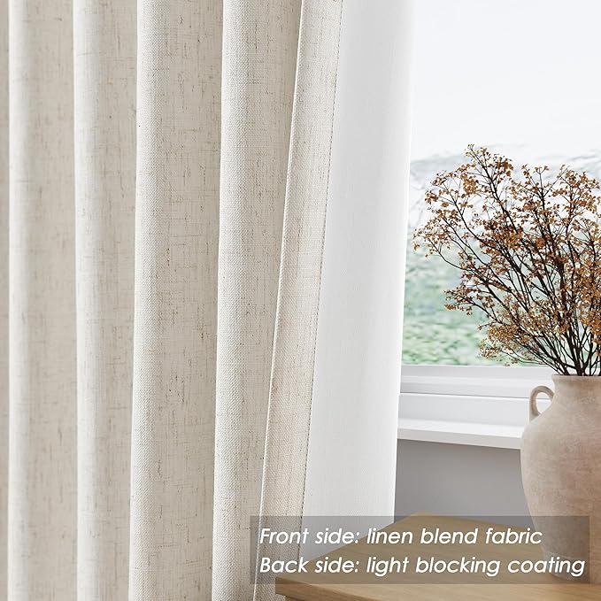 Full Black Out Beige White Window Curtains 84 Inches Long Back Tab Rod Pocket Thermal Insulated Flax Linen Sound Proof Full Blackout 2 Panels Set for Nursery Modern Farmhouse Curtains Drapes 52x84