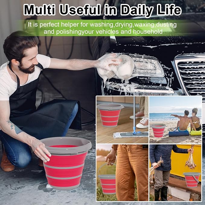 GOLDFOX Collapsible Bucket-10L (2.6 Gallon) Bucket for Cleaning with Handle-Folding Foldable Portable Plastic Water Supplies,Collapsible Bucket for Car Wash Camping Garden-Pink
