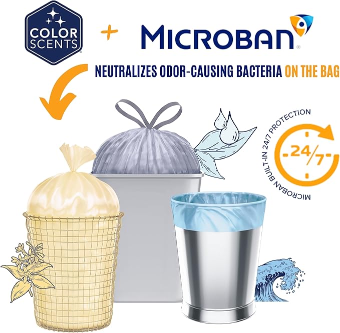 Color Scents Medium Trash Bags - 8 Gallon, 45 Bags (1 Pack of 45 Bags) Twist Tie - Blue in Fresh Air Scent with Microban