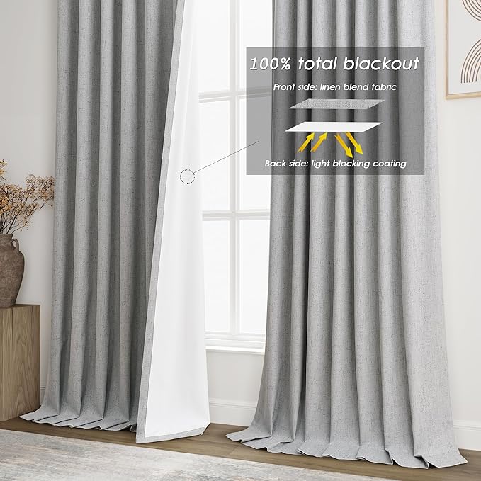 Silver Grey Linen Curtains for Bedroom Black Out 96 Inch Long Full Blackout Back Tab Pocket Curtains for Living Room Neutral Rustic Insulated Light Blocking Drapes 96 Inches Long 2 Panels 8 Ft