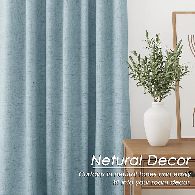 Light Blue Linen Blackout Curtains 120 Inch Length 2 Panels Set Burg Extra Long 10 Ft Back Tab Pocket Drapes Cotton Textured Total Sun Blocking Curtains for Living Room Cottage High Window 52x120