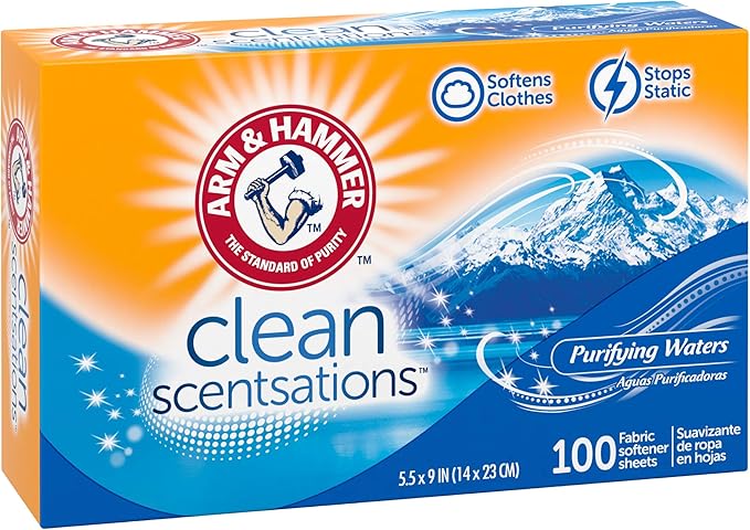 ARM & HAMMER Fabric Softener Sheets, 100 sheets, Purifying Waters (Pack of 2)