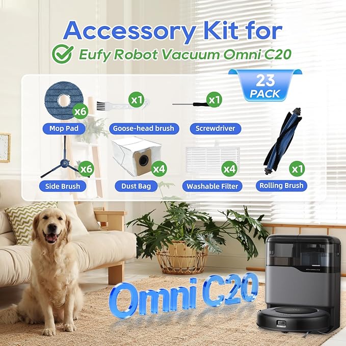 9 Pack Accessories Compatible With Eufy Omni C20 Robot Vacuum Cleaner, Replacement Parts Include: 1 Main Brush, 2 Side Brushes, 2 Mop Pads, 2 Filters, 2 Dust Bags