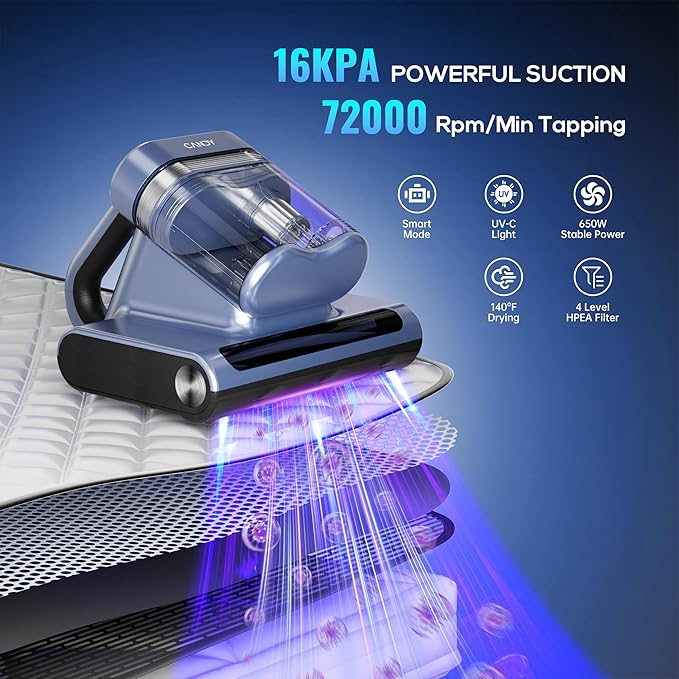 Candy Mattress Vacuum Cleaner, 16Kpa Bed Vacuum Cleaner with UV-C Light, 140°F Heat, 4 Level HEPA Filter & Ultrasonic, Versatile Handheld Vacuums for Bed, Sofa, Couch, Crib(Corded, 650W)