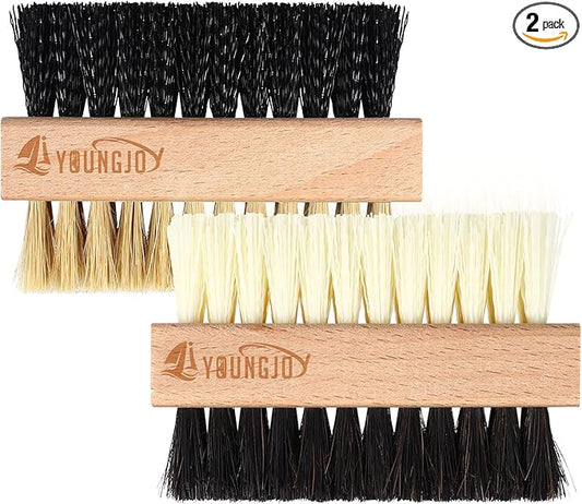 YoungJoy 2 Pieces Dual Sided Sneaker Shoe Cleaner Brush Set Shoes Clean Brush Kit Both Boar and Plastic Bristles with Microfiber Cloth (A)