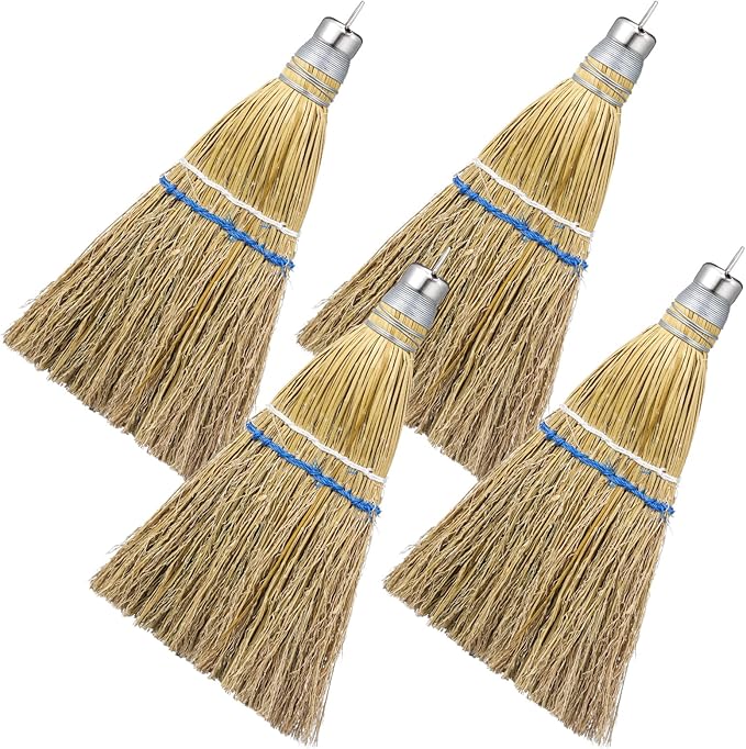 Suclain 4 Pcs 12 Inch Whisk Broom Hand Held Mini Corn Straw Whisk Broom Short Handle with Metal Hanger Halloween for Multi Surface Sweeping Small Hand Brush for Outdoor Car Porch Debris Dust Dirt