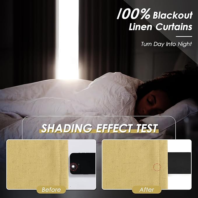 Nanspring Gold Linen Blackout Curtains 90 Inches Long Back Tab Pocket Noise Cancelling Sound Proof Total Sun Blocking 2 Panels Set for Sliding Door Modern Farmhouse Curtains Drapes 52x90