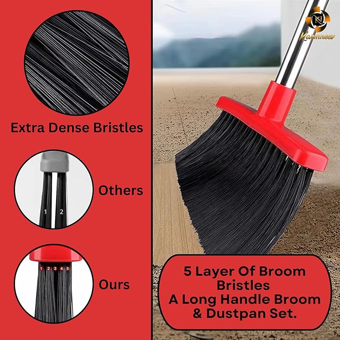 KARMNEEV Standing Broom and Dustpan Set, Built-in Scraper Teeth, No-Slip Grip, Dust Collection Tray for Home, Office, Lobby, and Outdoor, Adjustable Handle from 38.18" to 52" (Black and Red)