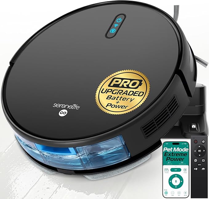 SereneLife Smart Robot Vacuum Cleaner and Mop Combo, Pro Edition with Upgraded Battery, Extreme Suction, Internal Water Tank - App Control, Ideal for Pet Hair, Carpet and Hard Floors, Black
