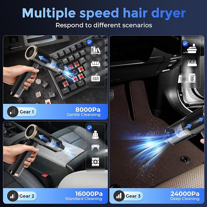 QWMSNUV Aspirador portátil inteligente, Negro, potencia de succión 24000Pa, Tiempo de ejecución de 50 min, diseño multifunción 5 en 1, chip de Doble Sensor, Motor sin cepillo