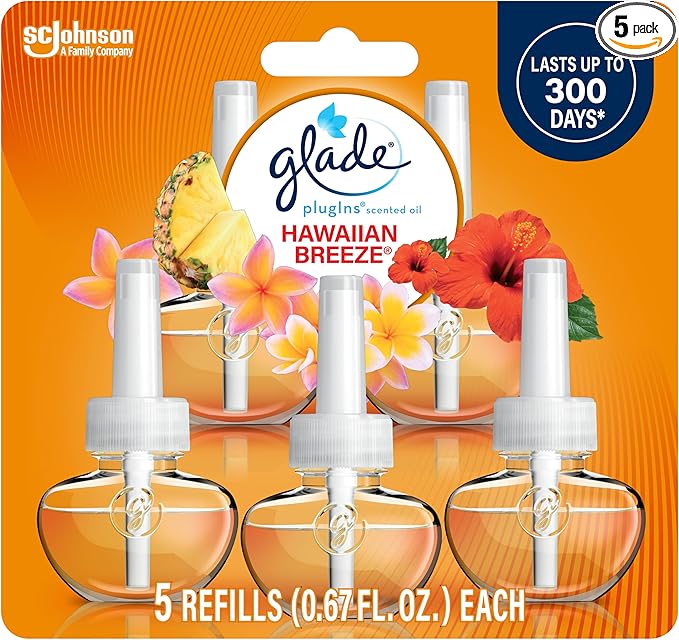 Glade PlugIns Refills Air Freshener, Scented and Essential Oils for Home and Bathroom, Hawaiian Breeze, 3.35 Fl Oz, 5 Count