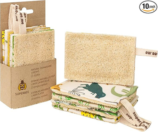 SUPERBEE Natural Kitchen Sponges 10 Pack - Plant-Based Biodegradable Loofah Dish Sponge - Eco-Friendly, Zero-Odor, Cleaning Dirty Dishes, pots, and Pans, Cleaning - Plastic-Free Sponge